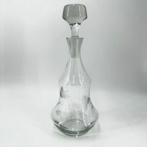 Vintage Etched Glass Decanter with Stopper Grapevine Leaf Pattern Clear 12.5"